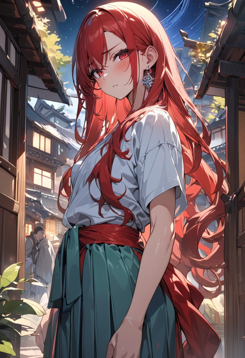 masterpiece, best quality, high quality, detailed, ultra detailed, hyper detailed, insanely detailed, exquisite, beautiful, FHD, Full-HD, 4K, 8K, 16K, highres, absurdres, woman, looking at viewer, long hair, red hair, red eyes, tall, glamorous, earrings, with stardust, at night, cel anime, golden ratio, slender, toned, shy, village, flushed cheeks, in the town, upper body, samurai, hakama, grumpy, standing, 20-year-old