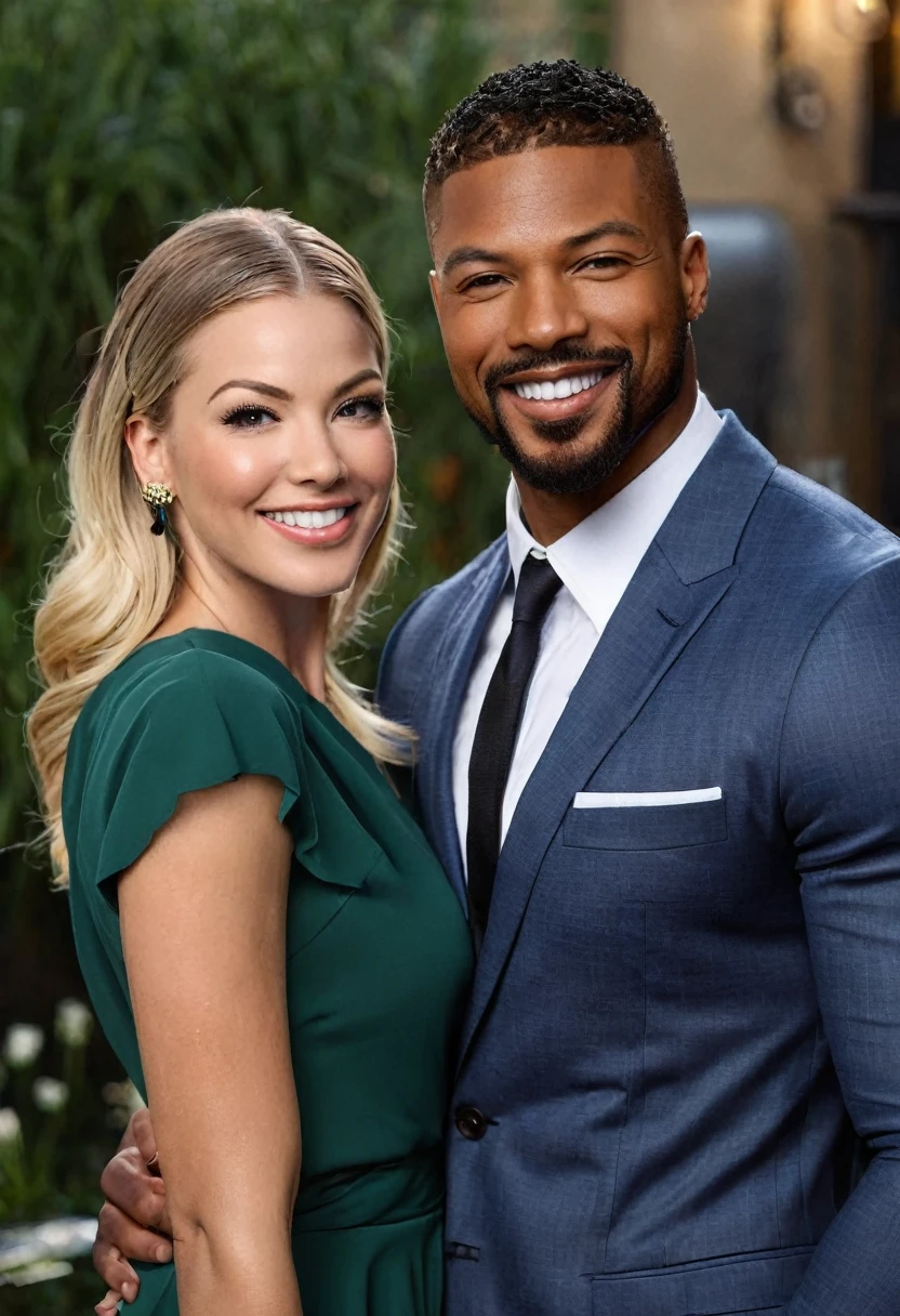 Victoria Zdrok and a handsome African American male whose facial features are a combo of Isaiah Mustafa + Charles Michael Davis + Broderick Hunter pose together for a photo. Both are smiling. Both are attired attractively but casually for a date. Victoria has lovely makeup on her face. Daytime. Romantic ambiance. Symmetrical eyes. Symmetrical faces. Lovely details. Photorealistic. Full-colored photo. Professional photo. Highly detailed 8K.