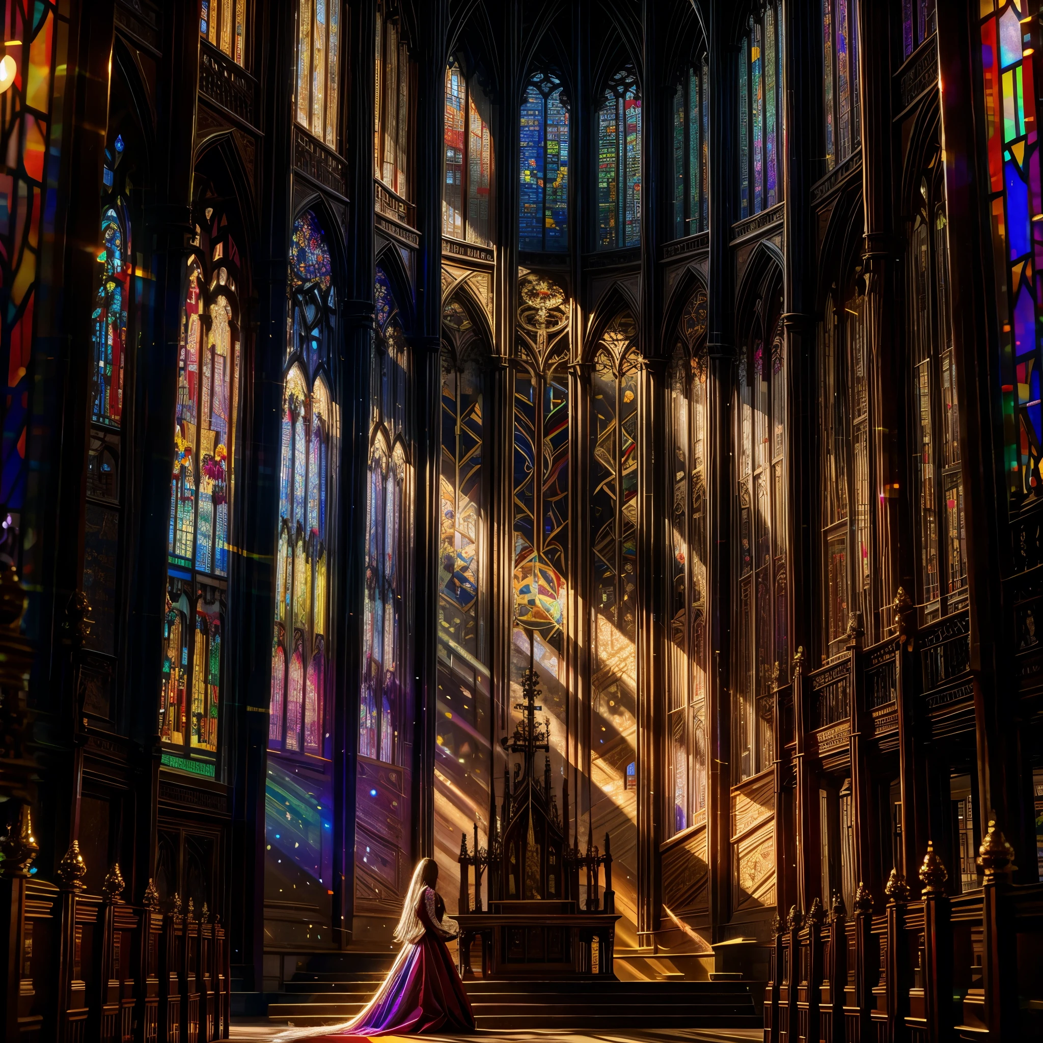 Red carpet (Cathedral from below:1.28) VolumetricLighting (FullBody ZoomedOut:1.28 Wide-shot) ZoomLayer (BokeH:1.32), TopQuality 8K masterpiece of ((Professional photo)), (((Clarisse de Cagliostro))) (Detailed Delicate White Dresses), Chain, Extremely detailed (KAWAII face) {(VeiledFace)|BlondeHair|(Spanking BuleEyes)}, The background is distant (((Elaborate stained glass))) Rainbow Glass, (MysticSight) {(GodRays)|Haze|TyndallEffect}, Radiant PearlSkin with Transparency, (Exposed:0.38)
