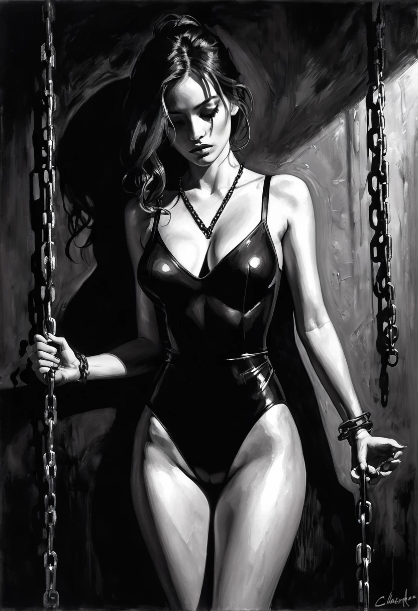 girl, alone, eroticism, sexy, black and white image, between shadows, oil painting, chiaroscuro, sensual, dramatic lighting, moody atmosphere, photorealistic, intricate details, masterpiece, ultra-detailed, high quality, 8k, best quality, realistic, cinematic, dark and brooding, expressionistic, powerful composition, emotional impact, Bill Sienkiewicz inspired art, black leotard, cleavage, chained to the wall, trapped, shackles on hand, chained hand, bound hand, wrapped in chain