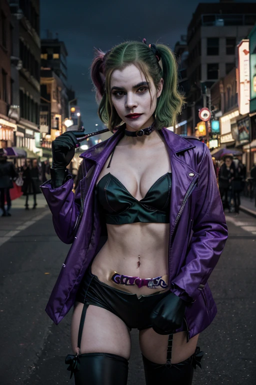 araffe dressed as a joker with green hair and a purple jacket, as the joker, cosplay, cosplay on black harley queen, harley quinn, glamourous cosplay, gotham city style, professional cosplay, gothic city streets behind her, realistic cosplay, amouranth as a super villain, publicity cosplay, full-cosplay, emma watson as the joker, of harley quinn
