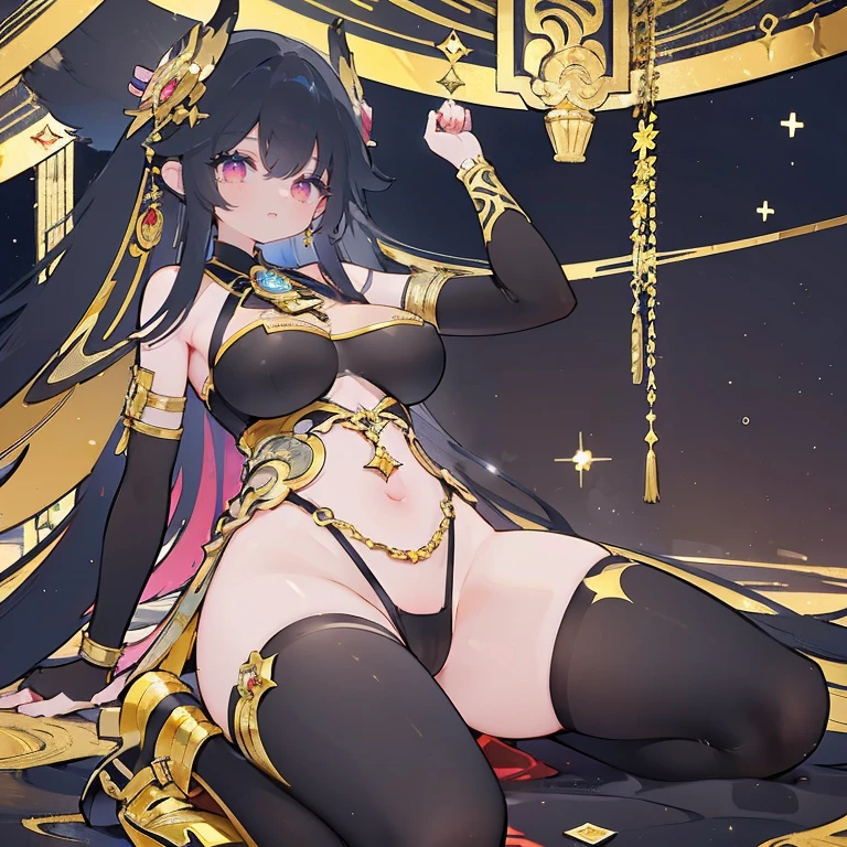 Anime Kawaii sexy Perfect Slim sensual body large breast and huge thighs, An intricate and highly detailed illustration of anime (Young girl). (work of art), (best qualityer), (extremely detaild),extremely detaild CG unity 8k wallpaper,offcial art,expressive eyes,Lonely, (Arm stretch, Smile 1.2), (1 girl, mature woman, breasts big, big-ass,Bblack hair, long hair, eyes black, dark skinned women), (sleeveless, Large V-Neck Competitive Swimsuit,aretes,被big-ass撑起来的竞技泳衣,huge ass ,showing breasts,relatively high,Waist slender,golden pattern,Embroidered Shoes,black elbow gloves, jewerly, clamp, Ajurna - First Ascension:1.3),Ningguang(impacto genshin)