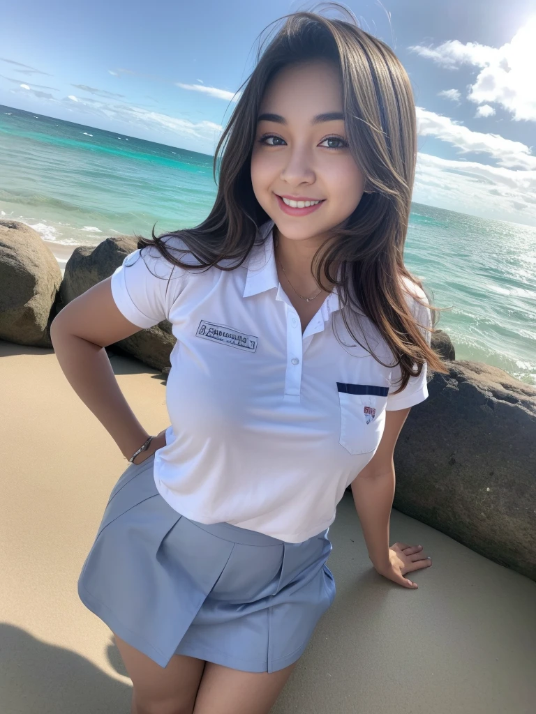 1girl, solo, (uniform), standing in the moddle, at the beach, photo shot, beautiful realistic ocean scenery, seductive smile, thick breasts, smooth skin, tight white shirt, grey blue short skirt, looking at the audience, low angle shot,(8k, RAW photo, best quality, masterpiece: 1.2), (realistic, realistic: 1.37), ultra-high resolution, (ultra long angle shot: 1.3)