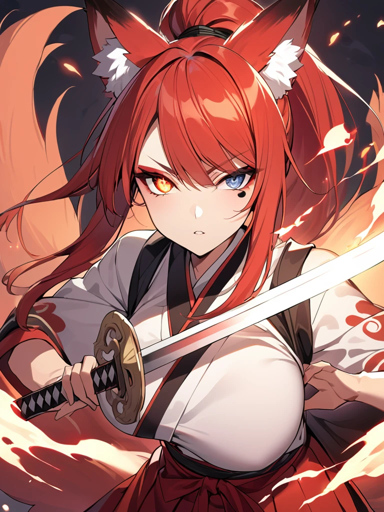  8K Top quality Red long ponytail Red fox ears and 9 fox tails Very large breasts Flaming Japanese sword Beautiful older sister Red long hakama Right eye pupil with yin-yang pattern Red eyeshadow on lower eyelid Flame background Japanese style Battle style