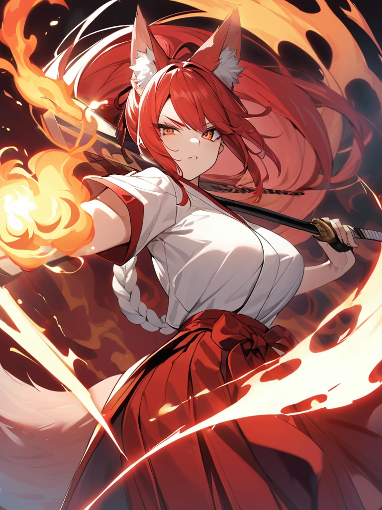 8K Top quality Red long ponytail Red fox ears and 9 fox tails Very large breasts Flaming Japanese sword Beautiful older sister Red long hakama Right eye pupil with yin-yang pattern Red eyeshadow on lower eyelid Flame background Japanese style Battle style