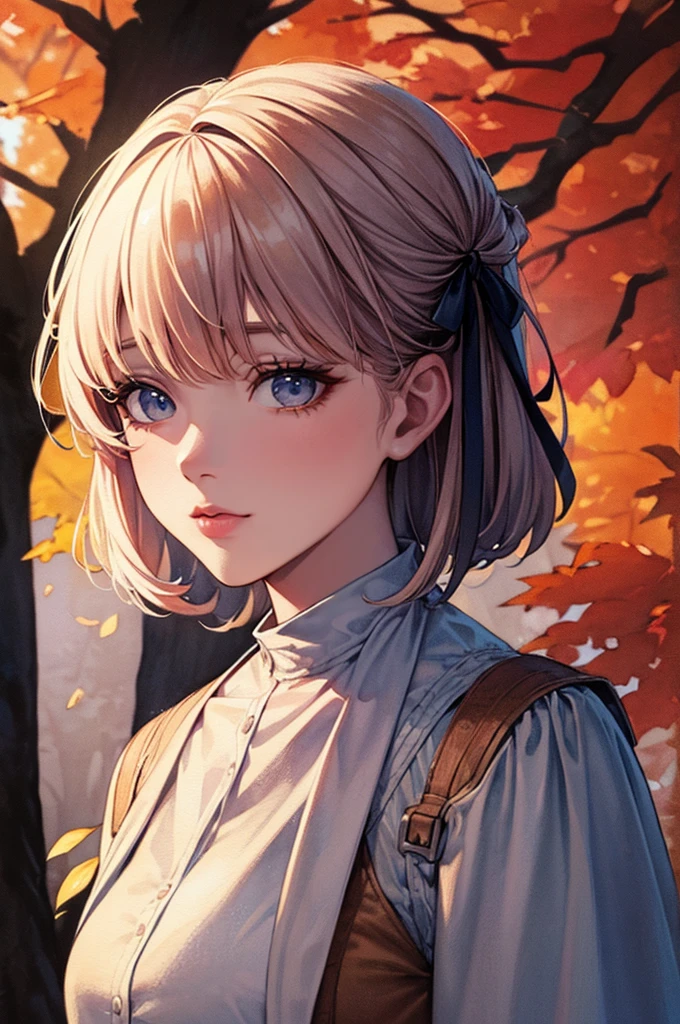 (8k, Highest quality, masterpiece:1.2),(Highest quality:1.0), (Ultra-high resolution:1.0), watercolor, Beautiful woman, shoulder, Hair Ribbon, Agnes Cecil, Half Body Portrait, Very bright and luminous design, pastel colour, (ink:1.3), Autumn Light,