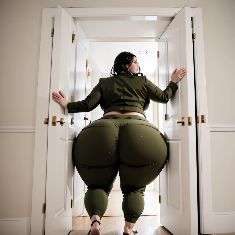 masterpiece, 1girl behind a doorway, from behind, (doorstuck, stuckback:1.3), ssbbw ,huge wide hips, round belly, thick thighs, giant butt,colorful clothing, wearing a olive green suit and tie and formal pants, upset, desperately trying to wiggle through, she tries to free herself but she won't budge, she is stuck tight view from behind, she is too wide, the doorway is quite narrow too, she kicks her legs furiously, trying to wiggle her hips through the small door, but its no good, the door is too small, she keeps trying to squeeze through with frustration, she is stuck too tight