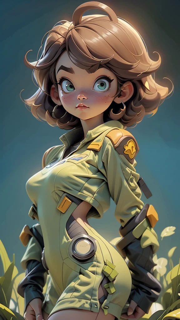 1 girl, (dark skin:1.3), brown hair, green eyes, light_brown_hair, short_hair, very short hair, messy_hair, starship pilot, blue outfit, blue clothes, large breasts desnuda
