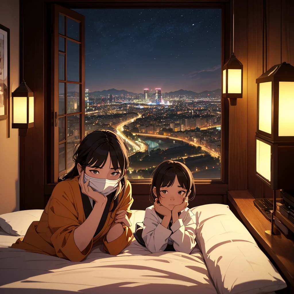 a boy with his face covered by straight bangs lying on his bed, next to his mother, A short woman, they look out the window at the lights in the center of the medieval Japanese city far away.