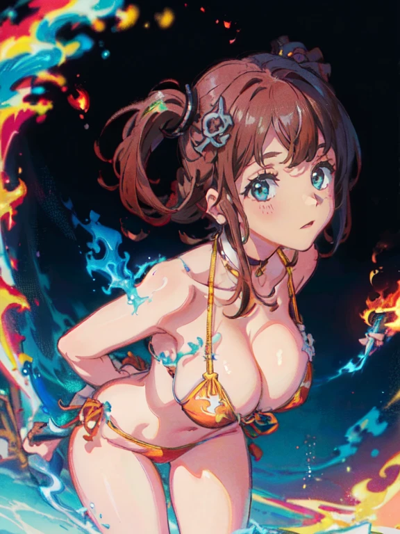 Anime Kawaii sexy Perfect Slim sensual body large breast and huge thighs, An intricate and highly detailed illustration of anime (Young girl). sakimiyairuka, focus on the ass, from sideways ((work of art)), ((best qualityer)), (ultra detali), ((extremely detaild)), 4K, (8k), 1 girl, standing alone, (Perfect Anatomia:1.4), (five toes), , (Beautiful detailed red hair), (((world-class quality))), photorrealistic, extremely detaild, high resolution, (detailed shaded pretty face), (mature lady), , beautiful detailed eyes, ((pele e cabelo detalhados Ablazes)), white-skinned, Ablaze skin((((pele Ablaze)))), seducing smile, full-face blush, cloused mouth, Ablaze, thicc thighs,((one side up)), big-ass, sagging breasts, Leaning forward BREAK (beautiful red bikini detailed with thin white and black lines), hair ornament, green elastic band BREAK, open air , swimpool
