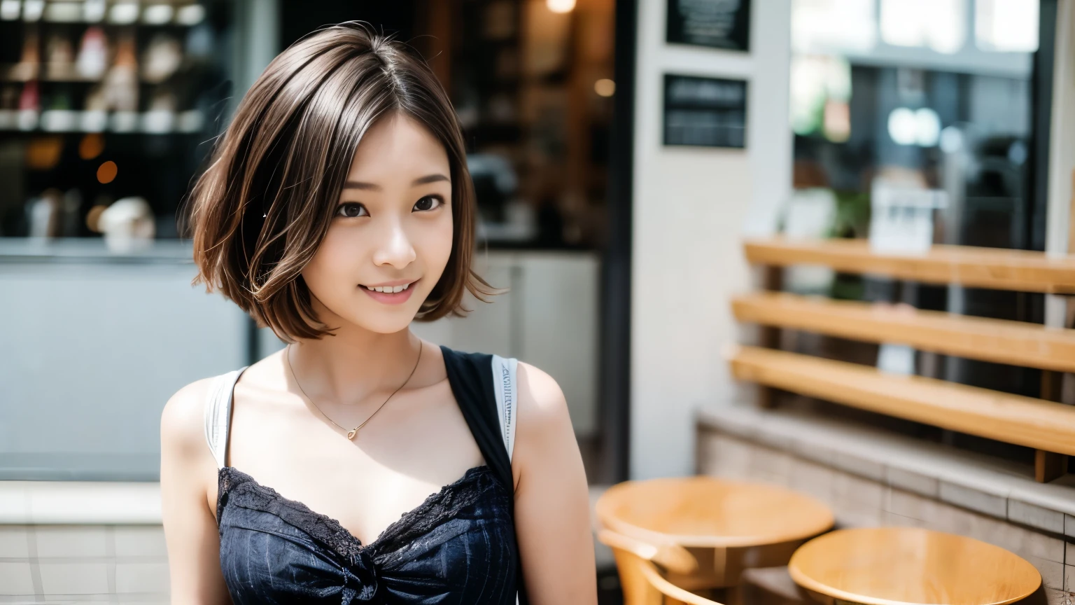 super high quality, smile, Slenderのネックレス, Slender, Cafes in New York, Gravure photoshoot, The staff is working at the counter in the back., (8k、RAW Photos、Highest quality、masterpiece:1.2), Japanese Idol, Fashion magazine photoshoot, (Realistic、Photorealistic:1.37), Urban Cafe, Golden Ratio, Raw photo, Cute face , Small breasts, Bright cafe interior, Blurred Background, Summer clothes, Photographed inside the cafe, Hair blowing in the wind, Neat clothes, boyish, Very Short Hair, younger sister, Stylish clothes, ,