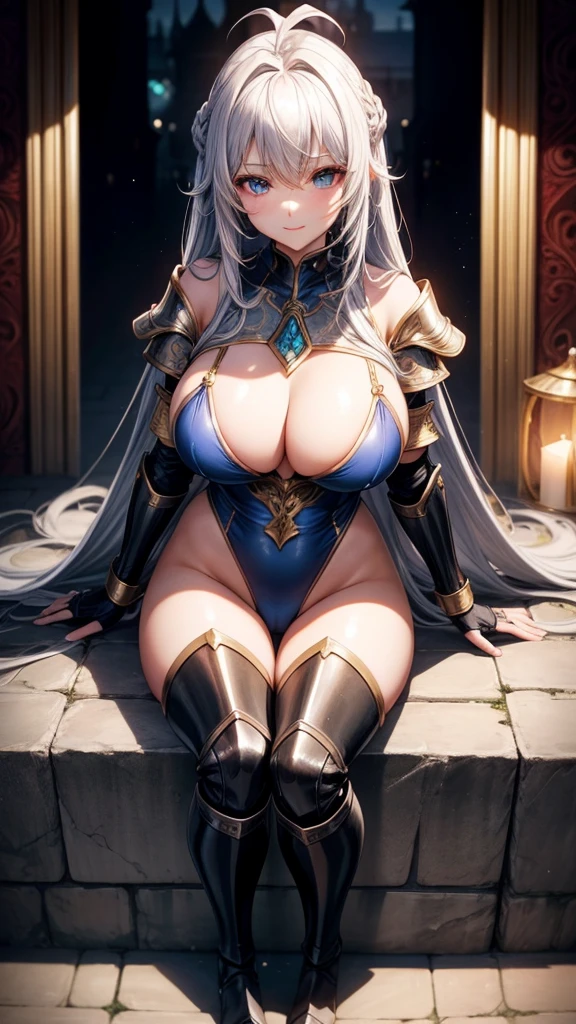 Woman knight、a beauty girl、huge tit、Excellent style、Nice Buddy、glamorous、leotard、s Armor、Bra chest armor、knee boots、gauntlets、hair adornments、silber hair、Longhaire、Ahoge、、is standing、full body seen 、Medieval city、sitting on、Gentle smile