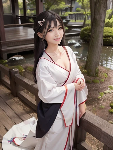 Japanese female, a lot of details, (underweight), detailed black hair, beautiful detailed hair, super fucking beautiful, delicate beautiful face, complex details beautiful and delicate eyes, perfect hands, (flat chest best quality:1.5), perfect and delicate limbs, detailed skin, best quality, ultra-detailed,(cheerful grin:1.5),
(japanese temple), standing, single braid, (12 hitoes), mystical atmosphere, (full body shot), ground-level shot