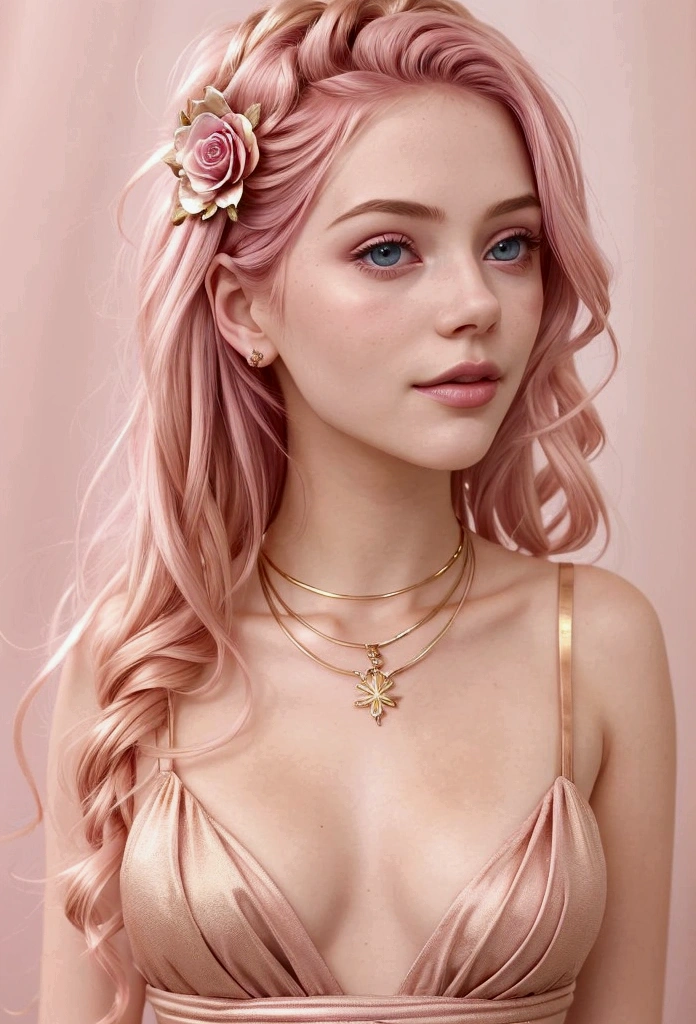 Adorable fair skinned pink haired magenta eyed European and slender young woman pink gold rose gold color theme