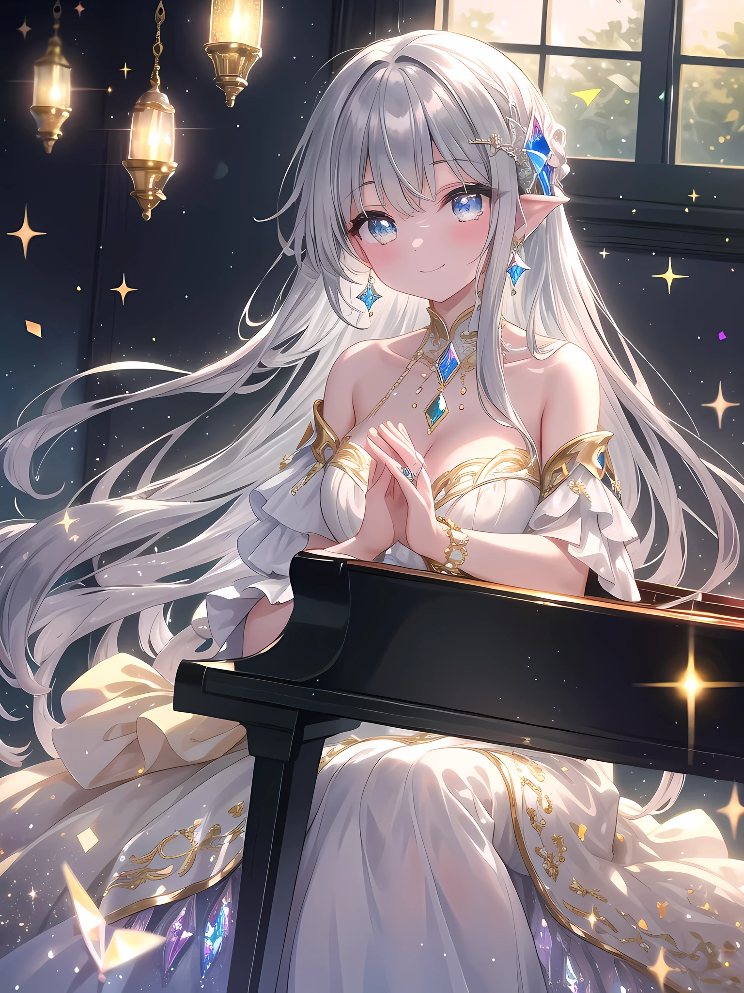 ((8k, best quality, master piece: 1.3)),super high resolution,(1 girl, solo), (colorshift eyes, hyperdetailed, expressive sparkling, glitter, glowing eyes), ultra detailed eyes, ultra-detailed face, random hair, ((silver gray color))A young lady sits at the piano in a luxurious music room, her silver hair shining with a silky luster, smiling gracefully. Her hair is long and sparkling with a crystal hair ornament. Her dress is made of silk with white and gold embroidery, studded with jewels and crystals, and shines with rainbow colors when the light reflects it.
A diamond necklace sparkles around the young lady's neck, and diamond earrings sway from her ears. Many rings set with gemstones shine on her fingers, and a crystal bracelet sparkles on her wrist. Her eyes are deep blue, and she plays the piano with a graceful smile.
In the background is a luxurious music room, with antique wooden furniture and sheet music lined up. Soft sunlight pours in through the large windows, and the whole room is bathed in a warm light. A crystal candle holder stands on top of the piano, reflecting the rainbow light. This scene perfectly expresses the young lady's passion for music and her luxurious life.An enchanting scene with prism refraction effects creating a spectrum of colors. Light passing through a glass prism splits into various hues, casting colorful beams and spots throughout the image. The main subject is illuminated by these fragmented lights, adding a surreal and vibrant quality to the scene.