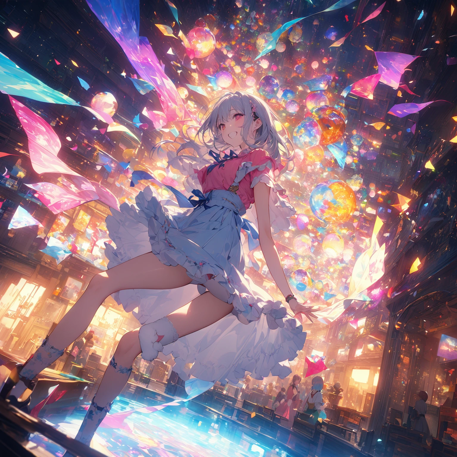 (Panorama, center, masterpiece, Highest quality: 1.2), (8k, RAW Photos, Highest quality), ((masterpiece:1.2)), Genuineistic, Ultra-high resolution, High Contrast, Photon Mapping, Bright colors, Genuine, Very detailedな, Very detailed, RAW Photos, Genuine, Official Art, RAW Photos, Professional Lighting, Light, Professional Writing, twiceLight, Vivid atmosphere, High-definition CG, ユニティ8k), 中央の一peopleの少女teeth、With a white kitten、穏やかな表情で周囲のpeople々々Please be kind、その手teeth星空に向かって広がり、It symbolizes the expansion of the mind..。周囲のpeople々々Also、We treat each other with kindness and gratitude.、The overall atmosphere is warm。この絵画teeth、Day常生活の中で他者への思いやりと心の広がりを感じながら、people々It depicts how people should behave politely and calmly..。背景にteeth広がる宇宙と星空があり、people々under which they live in kindness and harmony.。Day常の丁寧な行動が描かれた左側のシーンteeth、Day々people生における優しさと礼儀正しさの重要性を示しています。Background space and stars々teeth、Day常の小さな行動が宇宙の壮大さと繋がっていることを強調し、I feel a sense of abundance and peace of mind.。この絵画teeth、With kindness and an open mind、自分自身と周囲のpeople々々に調和と平和をもたらす一Dayを表現しています。