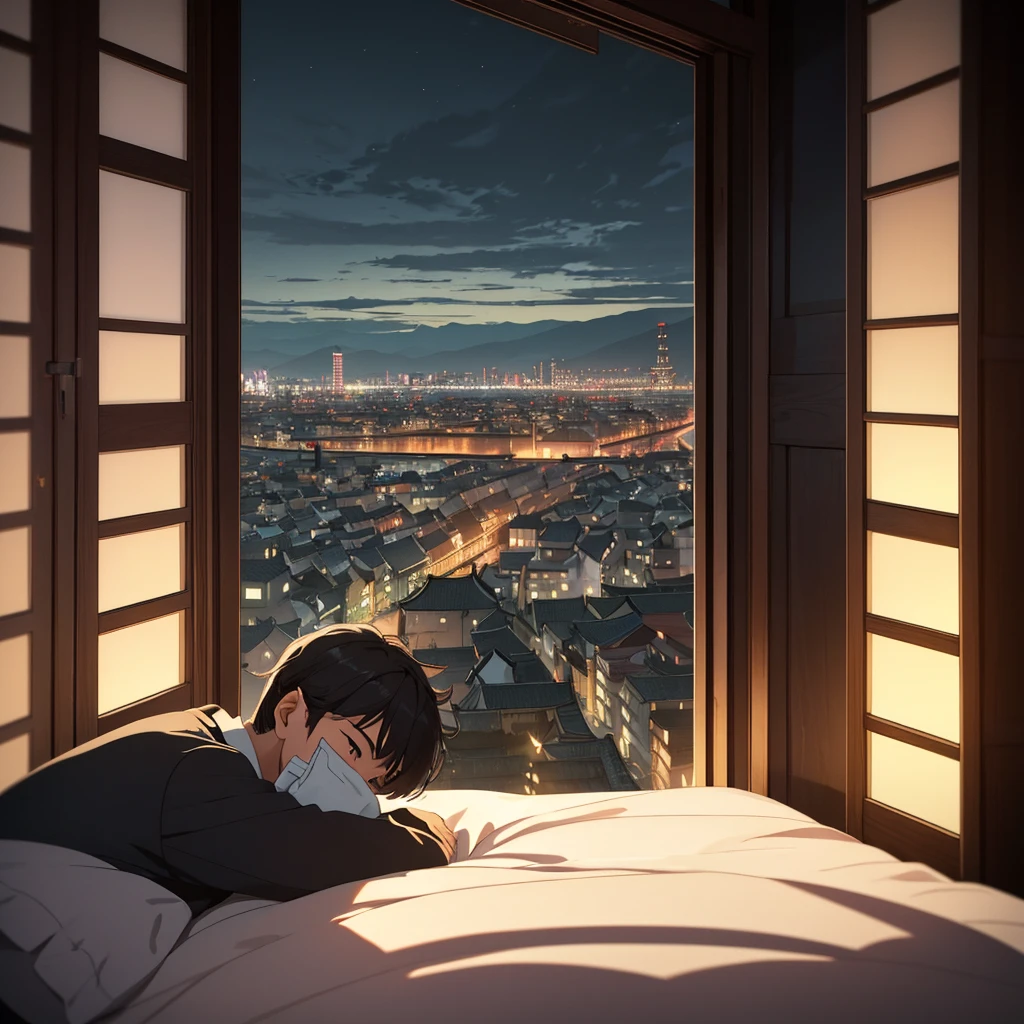 a boy with straight bangs covering his face,lying on bed,next to his mother,looking out window,medieval japanese city in distance,lights in city center,photorealistic,highly detailed,cinematic lighting,warm color palette,moody atmosphere