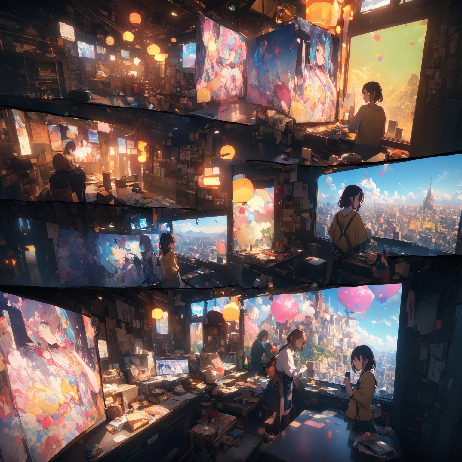 (Panorama, center, masterpiece, Highest quality: 1.2), (8k, RAW Photos, Highest quality), ((masterpiece:1.2)), Genuineistic, Ultra-high resolution, High Contrast, Photon Mapping, Bright colors, Genuine, Very detailedな, Very detailed, RAW Photos, Genuine, Official Art, RAW Photos, Professional Lighting, Light, Professional Writing, twiceLight, Vivid atmosphere, High-definition CG, ユニティ8k), 中央の一peopleの少女teeth、With a white kitten、穏やかな表情で周囲のpeople々々Please be kind、その手teeth星空に向かって広がり、It symbolizes the expansion of the mind..。周囲のpeople々々Also、We treat each other with kindness and gratitude.、The overall atmosphere is warm。この絵画teeth、Day常生活の中で他者への思いやりと心の広がりを感じながら、people々It depicts how people should behave politely and calmly..。背景にteeth広がる宇宙と星空があり、people々under which they live in kindness and harmony.。Day常の丁寧な行動が描かれた左側のシーンteeth、Day々people生における優しさと礼儀正しさの重要性を示しています。Background space and stars々teeth、Day常の小さな行動が宇宙の壮大さと繋がっていることを強調し、I feel a sense of abundance and peace of mind.。この絵画teeth、With kindness and an open mind、自分自身と周囲のpeople々々に調和と平和をもたらす一Dayを表現しています。