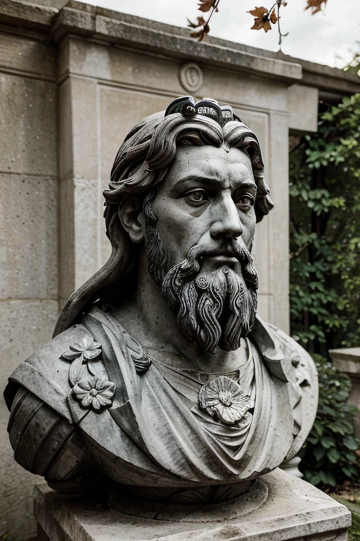  A depiction of a wise-looking character resembling Marcus Aurelius in black and white colors featuring stoic philosopher in form of sculpteres  in a tranquil garden, surrounded by blooming flowers and falling leaves, symbolizing the ebb and flow of life and the acceptance of mortality. HYPER REALISTIC

