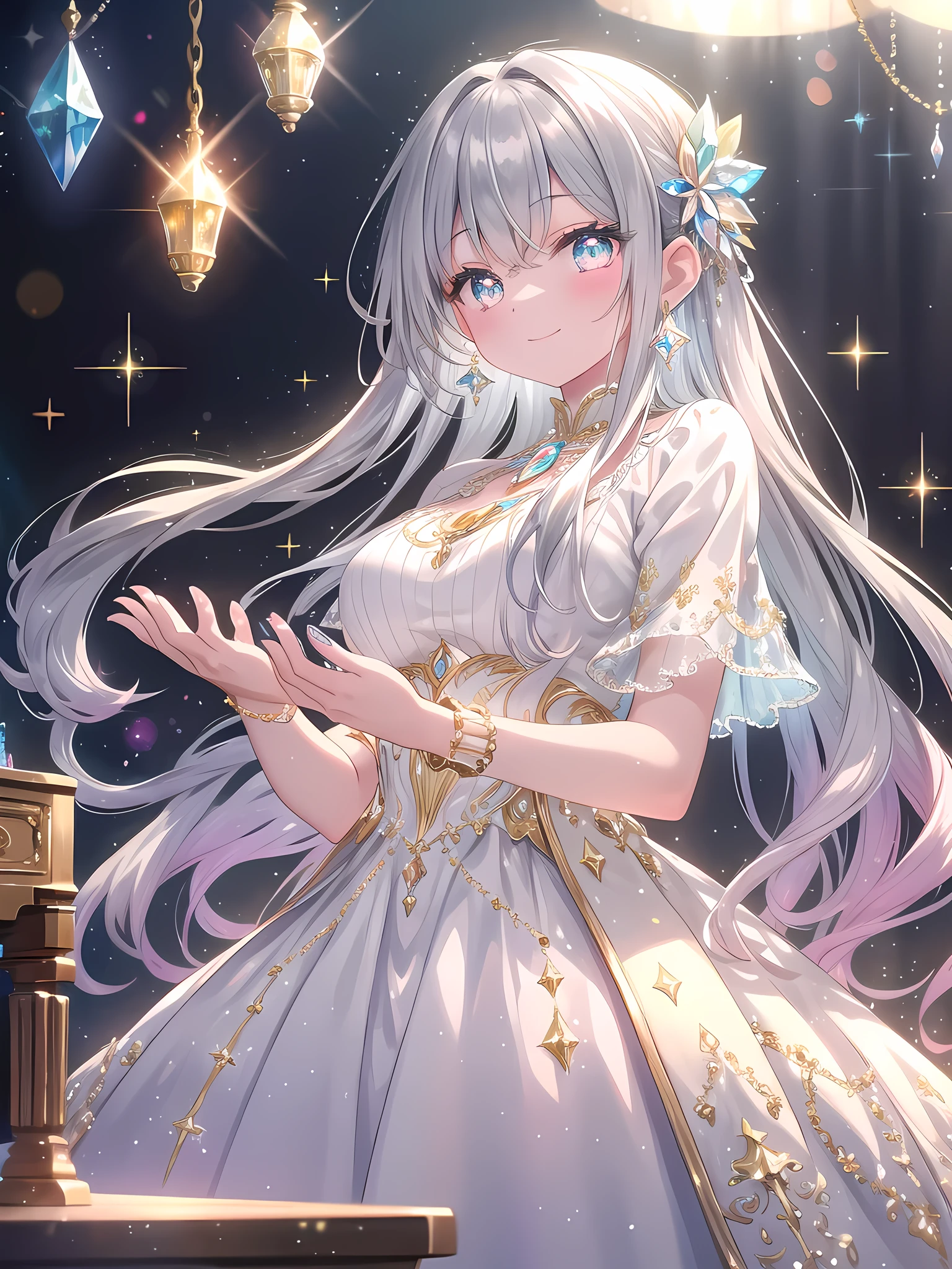 ((8k, best quality, master piece: 1.3)),super high resolution,(1 girl, solo), (colorshift eyes, hyperdetailed, expressive sparkling, glitter, glowing eyes), ultra detailed eyes, ultra-detailed face, random hair, ((silver gray color))A young lady sits at the piano in a luxurious music room, her silver hair shining with a silky luster, smiling gracefully. Her hair is long and sparkling with a crystal hair ornament. Her dress is made of silk with white and gold embroidery, studded with jewels and crystals, and shines with rainbow colors when the light reflects it.
A diamond necklace sparkles around the young lady's neck, and diamond earrings sway from her ears. Many rings set with gemstones shine on her fingers, and a crystal bracelet sparkles on her wrist. Her eyes are deep blue, and she plays the piano with a graceful smile.
In the background is a luxurious music room, with antique wooden furniture and sheet music lined up. Soft sunlight pours in through the large windows, and the whole room is bathed in a warm light. A crystal candle holder stands on top of the piano, reflecting the rainbow light. This scene perfectly expresses the young lady's passion for music and her luxurious life.A whimsical scene featuring a rainbow bokeh effect. The background is filled with out-of-focus points of light in various colors, creating a soft, dreamy atmosphere. The main subject is sharply in focus, standing out against the blurred, colorful backdrop. The light spots shimmer and change colors, adding a magical touch to the image.