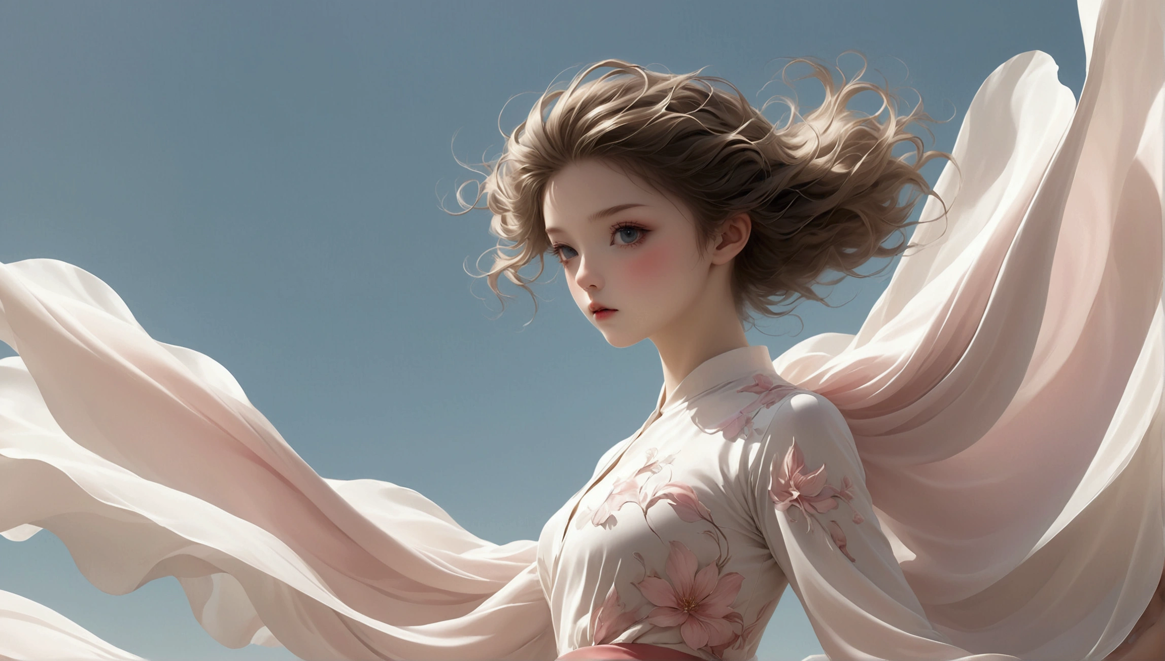 Beautiful dance photography；A little girl，Solitary；A dancing little girl；[Black Eyeball，confidence，High and cold，happy]；[Long skirt elegant style，Long sleeve；Set，Light pink and white gradient，Traditional style，The skirt has no pattern，The hem of the long skirt is like petals covering the background,Petal pattern,]；[Chinese dance]，[[[Full body panorama 1.5]]]，front；Composition：The character is on the right side of the screen；Long hair in the wind,advanced sense,Fashion, Still photography, Loop video, Fascinating movement, captivating visuals, Seamless integration, Compelling storytelling, Vortex phenomenon, Angled form, Dynamic Movement, Bold Geometric Shapes, Fragment shape, sharp contrast, Influence of modernism, nature, , modern Art, Astonishing, Unreal Background, Art from (Alessio Albi:1.1), Soft lighting, happy emotion,(close up, Face Focus), (Fractal Art) Extremely detailed,The most beautiful form of chaos, elegant； Simple style；Minimalism。Panoramic photography；Depth of Field, Extraordinary details, masterpiece, high quality, 4K，cinematic lighting, motion blur, depth of field, sparkle, ray tracing, reflection light, anatomically correct, uhd, textured skin, best quality, super detail, highres, high details, accurate, high quality, award winning