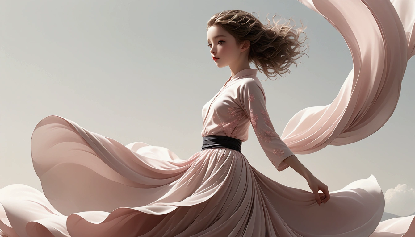 Beautiful dance photography；A little girl，Solitary；A dancing little girl；[Black Eyeball，confidence，High and cold，happy]；[Long skirt elegant style，Long sleeve；Set，Light pink and white gradient，Traditional style，The skirt has no pattern，The hem of the long skirt is like petals covering the background,Petal pattern,]；[Chinese dance]，[[[Full body panorama 1.5]]]，front；Composition：The character is on the right side of the screen；Long hair in the wind,advanced sense,Fashion, Still photography, Loop video, Fascinating movement, captivating visuals, Seamless integration, Compelling storytelling, Vortex phenomenon, Angled form, Dynamic Movement, Bold Geometric Shapes, Fragment shape, sharp contrast, Influence of modernism, nature, , modern Art, Astonishing, Unreal Background, Art from (Alessio Albi:1.1), Soft lighting, happy emotion,(close up, Face Focus), (Fractal Art) Extremely detailed,The most beautiful form of chaos, elegant； Simple style；Minimalism。Panoramic photography；Depth of Field, Extraordinary details, masterpiece, high quality, 4K，cinematic lighting, motion blur, depth of field, sparkle, ray tracing, reflection light, anatomically correct, uhd, textured skin, best quality, super detail, highres, high details, accurate, high quality, award winning