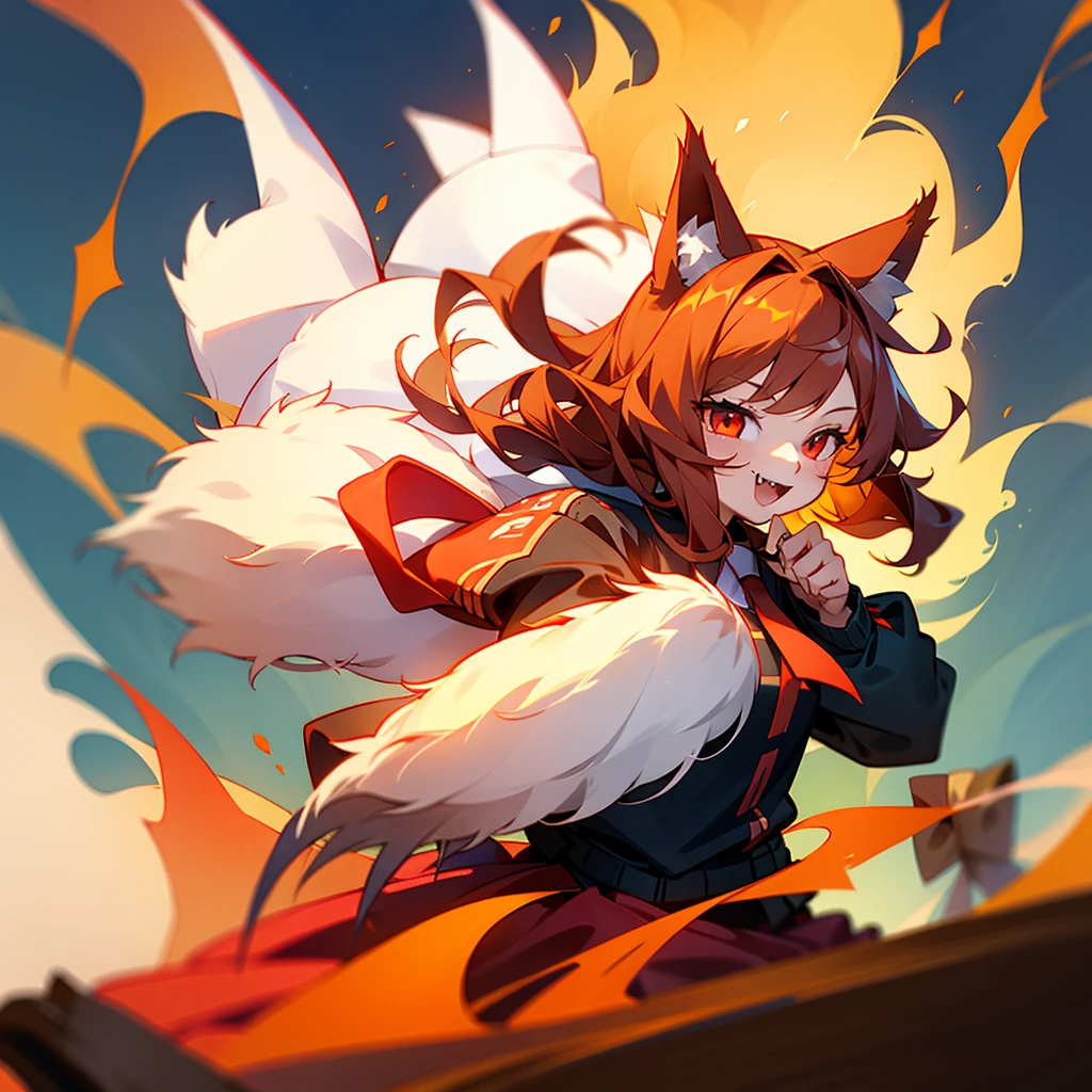 1 cat girl, red eyes, arrows, cat ears, shoulder-length fluffy hair, cutie, fangs, smile, fluffy cat tail, skirt, jacket, tie, fire, blood, claws.