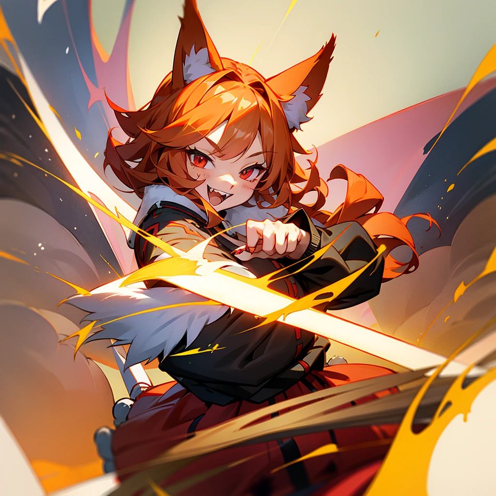 1 cat girl, red eyes, arrows, cat ears, shoulder-length fluffy hair, cutie, fangs, smile, fluffy cat tail, skirt, jacket, tie, fire, blood, claws.