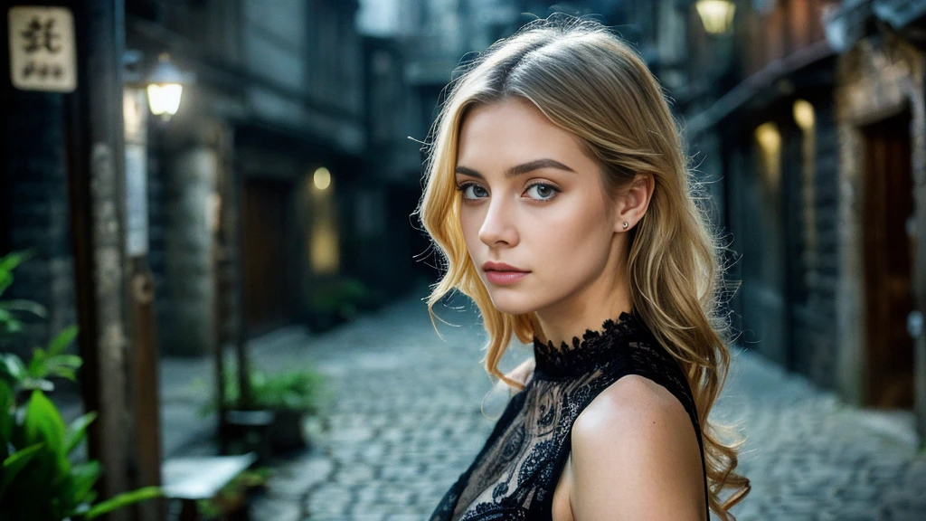 tatuados,Beautiful blonde with big breasts in a black dress、Back tattoo、Many tattoos on both arms and neck、 (Late night back alley、walk),Candlelight only,Very detailed, 21 years old, Innocent face, Wavy Hair, blue eyes, High resolution, masterpiece, Highest quality, Intricate details, Very detailed, Clear focus, Delicate skin, practical skin texture, texture, Delicate eyes, Professional, 4K, Sad face,despair、 Shot with Canon, 85mm, Shallow and deep,  Kodak Vision Color, Exactly, Very detailed, photograph_\(Extremist\), photographpractical, practical, Post-processing, Maximum details, Roughness, Real Life, Extremist practical, Photorealism, photographgraphy, 8K Ultra HD, photographgraphy