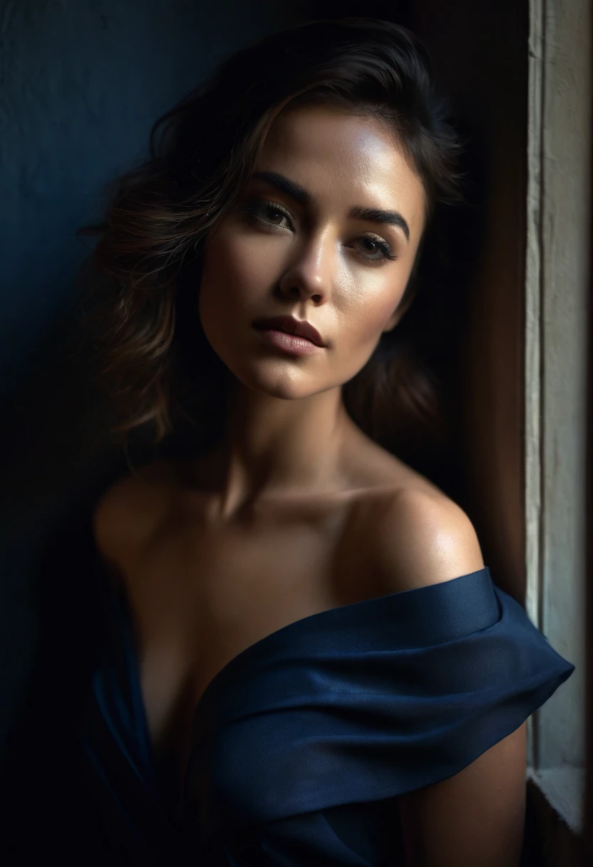 woman bathed in soft light, leaning against a wall, looking into the camera in a moment of raw emotion. Her attire is minimal, accentuating her beauty with the dramatic shadows cast by the lighting. The background is stark, with sharp contrasts highlighting the contours of her form. The blue and black palette intensifies the mood, evoking a sense of mystery and allure. Subtle film grain and meticulous shading add depth and texture, emphasizing the emotional gravity of the scene. The lighting creates a chiaroscuro effect, accentuating her expressive pose and the intense atmosphere.