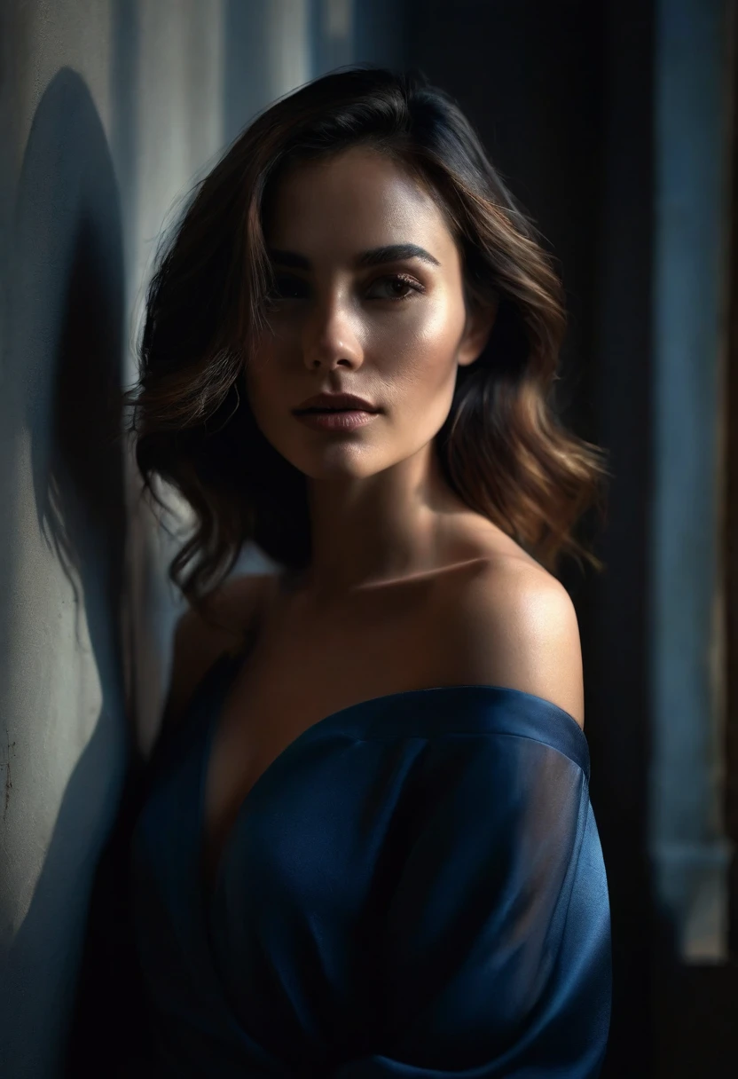 woman bathed in soft light, leaning against a wall, looking into the camera in a moment of raw emotion. Her attire is minimal, accentuating her beauty with the dramatic shadows cast by the lighting. The background is stark, with sharp contrasts highlighting the contours of her form. The blue and black palette intensifies the mood, evoking a sense of mystery and allure. Subtle film grain and meticulous shading add depth and texture, emphasizing the emotional gravity of the scene. The lighting creates a chiaroscuro effect, accentuating her expressive pose and the intense atmosphere.