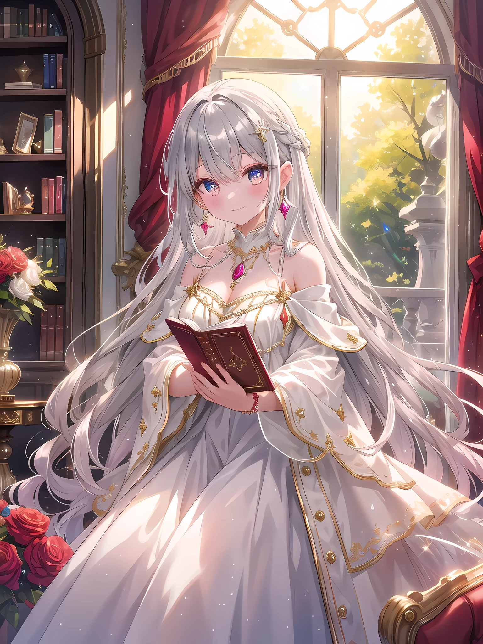 ((8k, best quality, master piece: 1.3)),super high resolution,(1 girl, solo), (colorshift eyes, hyperdetailed, expressive sparkling, glitter, glowing eyes), ultra detailed eyes, ultra-detailed face, random hair, ((silver gray color)),In the palace library, the young lady holds a book in her hand, her silver hair shining with a silky luster. Her hair is long and sparkling with a crystal hair ornament. Her dress is made of silk embroidered with crimson and gold, studded with gems and crystals, and shines with rainbow colors when the light reflects it.

A ruby ​​necklace sparkles around the young lady's neck, and ruby ​​earrings dangle from her ears. Several gemstone rings shine on her fingers, and a crystal bracelet sparkles on her wrist. Her eyes are deep ruby ​​red, and she has a calm smile.

In the background, there are tall bookshelves and a row of antique wooden tables and chairs. A large crystal chandelier hangs in the center of the room, reflecting warm light on the bookshelves and furniture. Soft sunlight pours in through the window, bathing the entire room in a warm light. This scene perfectly expresses the young lady's intellectual side and luxurious lifestyle.A dazzling scene with crystal light reflections creating a prismatic effect. The light passes through and refracts in various directions, casting colorful spots and highlights throughout the image. The main subject is bathed in soft, ethereal light that enhances their features and adds a mystical touch.