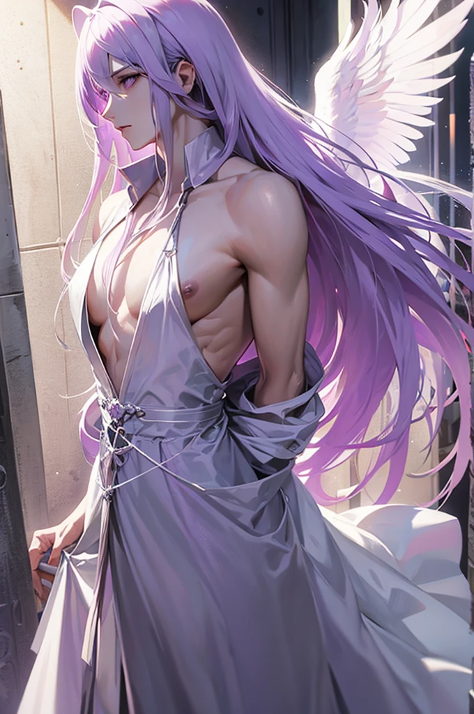 lavender hair, long hair, fluffy hair, purple eyes, pale skin, angel, halo, angel wings, male, man, masculine, thin, tied up, ropes, sin, sinful