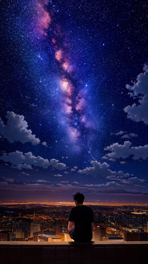 Octane, null, star (null), scenery, starry null, night, One Man, night null, alone, Outdoor, building, cloud, milky way, Sitting, wood, Short Hair, Casual clothing,city, silhouette, cityscape