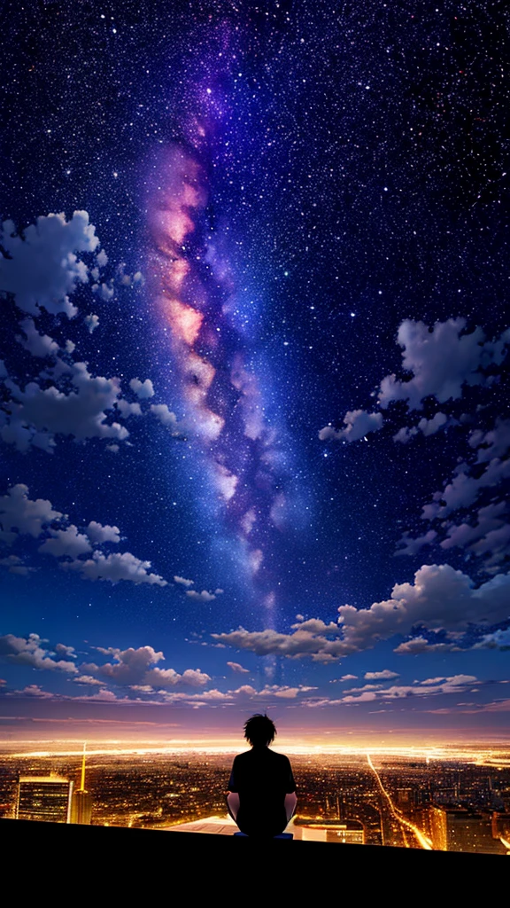 Octane, null, star (null), scenery, starry null, night, One Man, night null, alone, Outdoor, building, cloud, milky way, Sitting, wood, Short Hair, Casual clothing,city, silhouette, cityscape