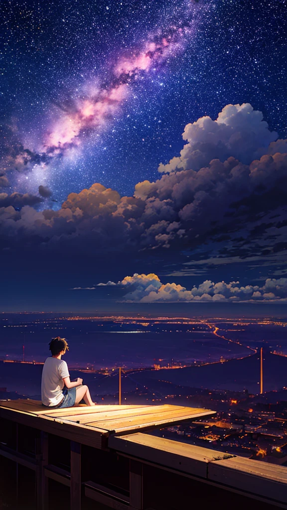 Octane, null, star (null), scenery, starry null, night, One Man, night null, alone, Outdoor, building, cloud, milky way, Sitting, wood, Short Hair, Casual clothing,city, silhouette, cityscape
