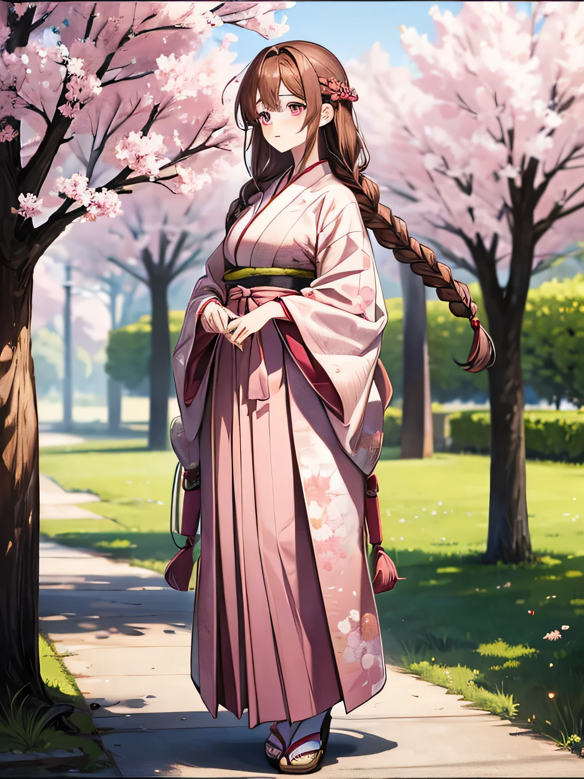adult woman character, long braid brown hair, Eye Color light pink, full body, tree view drawing, character design sheet, sakura pattern kimono, long hakama