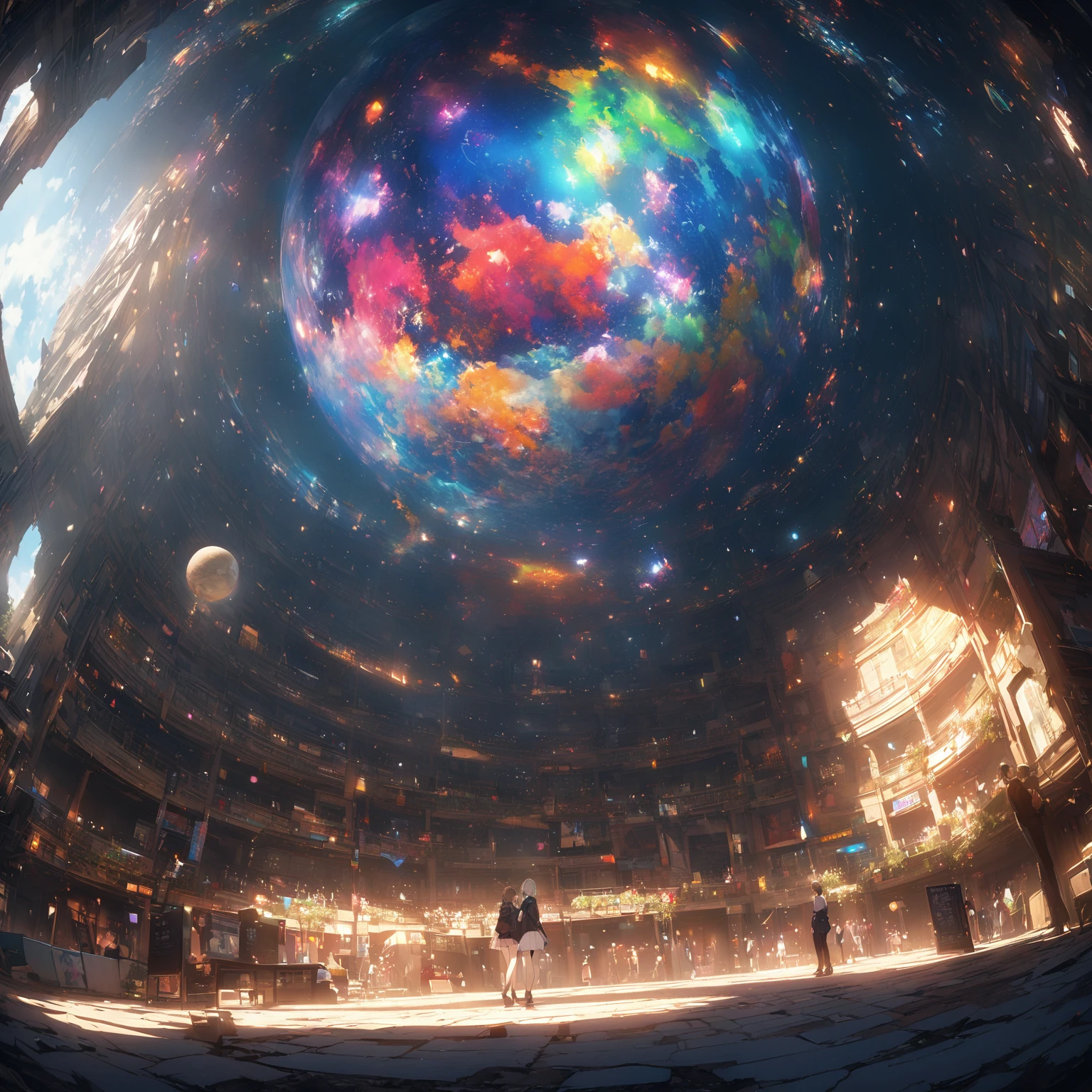 (Panorama, center, masterpiece, Highest quality: 1.2), (8k, RAW Photos, Highest quality), ((masterpiece:1.2)), Genuineistic, Ultra-high resolution, High Contrast, Photon Mapping, Bright colors, Genuine, Very detailedな, Very detailed, RAW Photos, Genuine, Official Art, RAW Photos, Professional Lighting, Light, Professional Writing, twiceLight, Vivid atmosphere, High-definition CG, ユニティ8k), 中央の一peopleの少女teeth、With a white kitten、穏やかな表情で周囲のpeople々々Please be kind、その手teeth星空に向かって広がり、It symbolizes the expansion of the mind..。周囲のpeople々々Also、We treat each other with kindness and gratitude.、The overall atmosphere is warm。この絵画teeth、Day常生活の中で他者への思いやりと心の広がりを感じながら、people々It depicts how people should behave politely and calmly..。背景にteeth広がる宇宙と星空があり、people々under which they live in kindness and harmony.。Day常の丁寧な行動が描かれた左側のシーンteeth、Day々people生における優しさと礼儀正しさの重要性を示しています。Background space and stars々teeth、Day常の小さな行動が宇宙の壮大さと繋がっていることを強調し、I feel a sense of abundance and peace of mind.。この絵画teeth、With kindness and an open mind、自分自身と周囲のpeople々々に調和と平和をもたらす一Dayを表現しています。