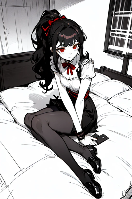 using pantimedies, wavy black hair, piercing look with deep red eyes, average stature, Silky hair with a ponytail hairstyle collected with a red bow with two white lines, with clothes, has a vagina, has breasts, cup of breasts, small breasts, slim, foreground, Session, sitting in her room, sitting on the floor of her room, wearing pantyhose, using pantimedies, Picardias, short skirt, shoes, blouse with straps