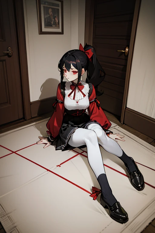 using pantimedies, wavy black hair, piercing look with deep red eyes, average stature, Silky hair with a ponytail hairstyle collected with a red bow with two white lines, with clothes, has a vagina, has breasts, cup of breasts, small breasts, slim, foreground, Session, sitting in her room, sitting on the floor of her room, wearing pantyhose, using pantimedies, Picardias, short skirt, shoes, blouse with straps