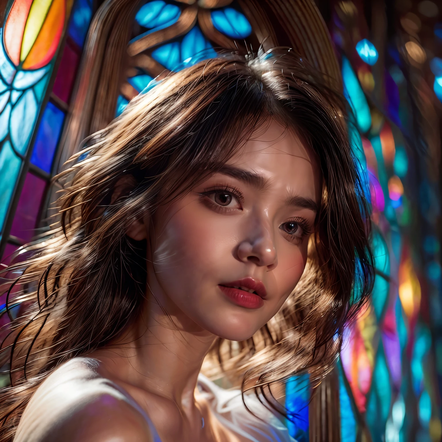 (Cathedral from below:1.28) (BokeH ZoomLayer) TopQuality 8K masterpiece of ((Professional photo)), (((Clarisse de Cagliostro))) (Detailed White WeddingDresses), Chain, (CloseUp of (Extremely detailed (KAWAII face))) {((VeiledFace))|BlondeHair|(Elaborate BuleEyes)with(SparklingHighlights:1.28)}, The background is distant (((Elaborate stained glass))) Rainbow Glass, {(MysticSight)|EnchantingAtmosphere|Haze|(GodRays)|TyndallEffect}, Radiant PearlSkin with Transparency, (Exposed:0.39), BluB