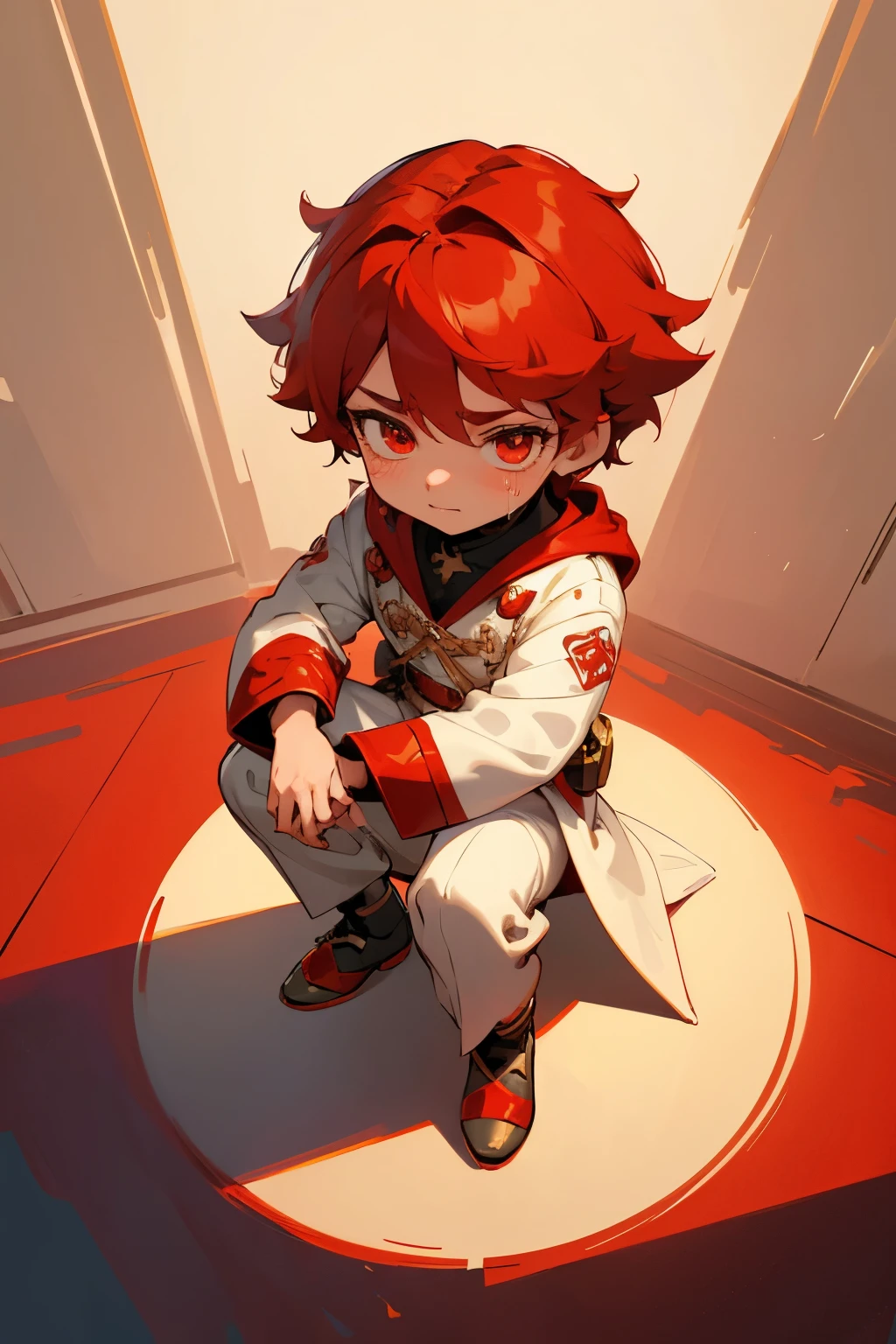 boy, full body, sit down, hold knees, cry face, cartoon style, chibi style, cute, beautiful face, red color eye, beautiful eye, high detailed pupil, double eyelid, high detailed skin, high quality skin, red color hair, white clothes, professional lighting, real shadow, masterpiece,