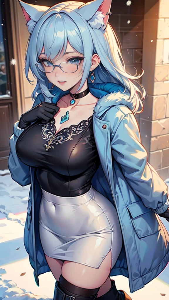 Masterpiece, beautiful art, professional artist, 8k, art style by sciamano240, very detailed face, very detailed hair, very detailed clothes, 1girl, perfectly drawn body, beautiful face, long hair, light blue hair , very detailed blue vertical cat eyes, square glasses, pouty lips , rosey cheeks, intricate details in eyes, extreme close up of face, see only head and neck, staring directly at viewer, wearing cute winter clothes, winter coat, necklace, choker, earrings, gloves, pencil skirt, black tigh boots, some freckles, big wide grin, in love with the viewer expression, sunny winter setting, walking outside,