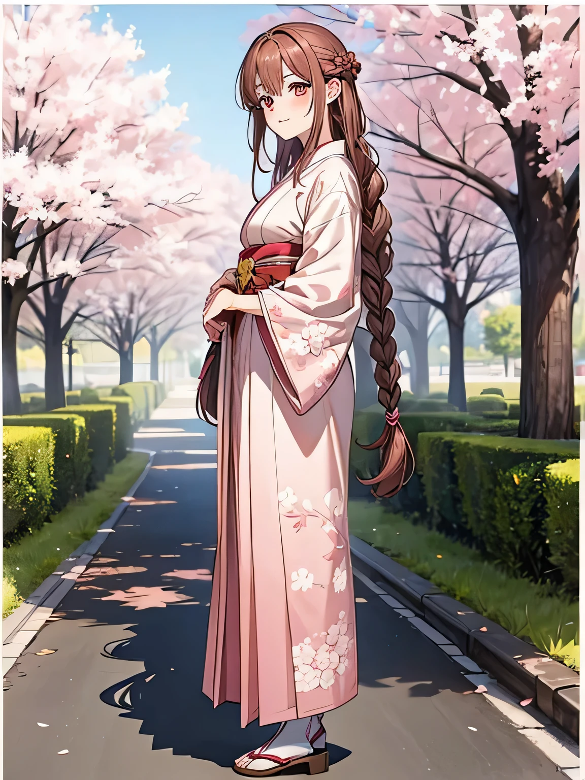adult woman character, long braid brown hair, Eye Color light pink, full body, tree view drawing, character design sheet, sakura pattern kimono, long hakama