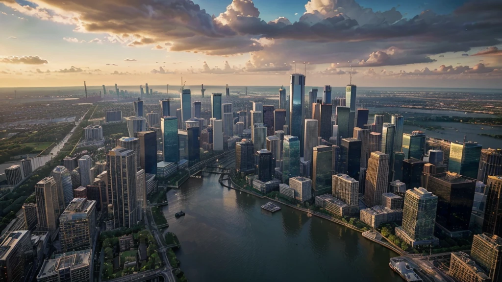 a breathtaking cityscape of the Houston skyline at sunset, a mix of modern skyscrapers and historical architecture, with glimmering glass towers reflecting the warm hues of the sky, surrounded by lush green parks and winding rivers, a bustling metropolis full of life and energy, (best quality,4k,8k,highres,masterpiece:1.2),ultra-detailed,(realistic,photorealistic,photo-realistic:1.37),cinematic lighting, dramatic shadows, vivid colors, intricate architectural details, towering skyscrapers, lush greenery, winding waterways, bustling cityscape, golden hour, dramatic clouds