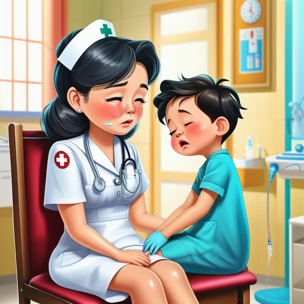 Full body portrait、Beautiful detailed 25 year old nurse and crying detailed５Year-old patient boy、The patient boy is sitting on a chair、The nurse５about to give an injection to a year old boy&#39;s shoulder、In the treatment room、Nurse with a syringe、Nurse uniform、Nurse cap、Stethoscope、hospital、Medical equipment、Very detailedな顔、Beautifully detailed eyes、Beautifully detailed lips、Very detailedで複雑な顔の特徴、Photorealistic、8k、Highest quality、masterpiece、Cinematic lighting、Dramatic lighting、Bright colors、Real、Very detailed、glowneo、caricature