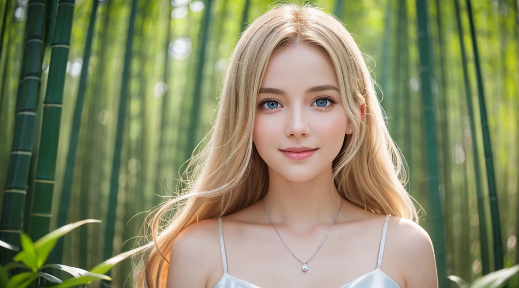 Here is a high-quality, realistic prompt for generating an 8K HD CG work:
A stunning young woman, aged 25, stands tall with a radiant smile on her perfectly proportioned face. Her long, blonde hair cascades down her back like a golden waterfall, parted to one side. Her piercing blue eyes sparkle brightly, fringed by delicate eyelashes and subtle eye makeup. A pair of rosy cheeks adds a touch of innocence to her features.
She wears a tight, silver silk dress that hugs her slender body, accentuating her medium chest and toned shoulders. The dress is blown by the gentle tropical island breeze as she stands amidst a serene bamboo forest at dawn.
Her eyes lock onto the audience, exuding a playful, flirtatious vibe. Her full lips are painted with a subtle red hue, parted in a charming smile that hints at a mischievous personality.
The camera captures her in stunning detail, from the transparent white skin to the delicate makeup on her face and the intricate hair details. The scene is bathed in soft, natural light, with a touch of virtual lighting effects to enhance the overall realism.