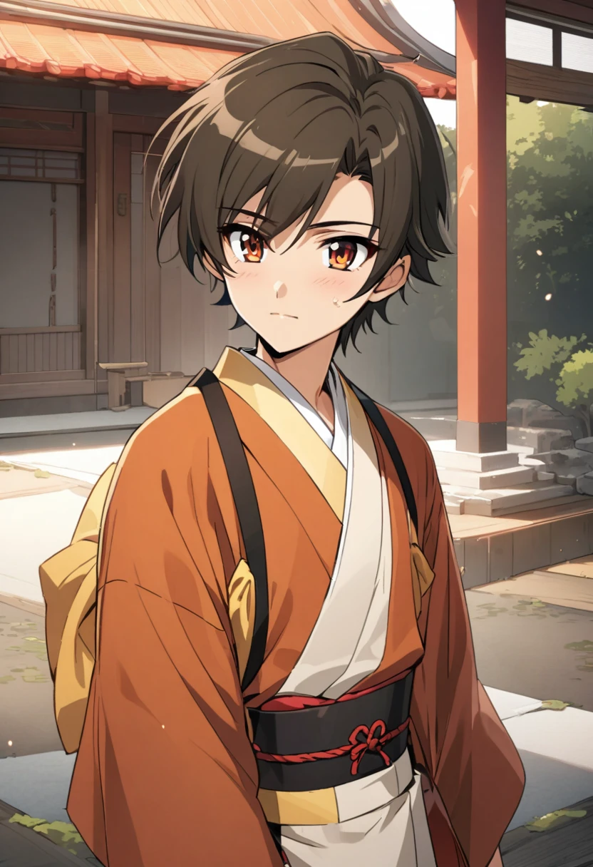 in manhwa style a adolescent japanese boy 17 years old with hair short and brown color and amber eyes. He wearing a japanese kimono grey