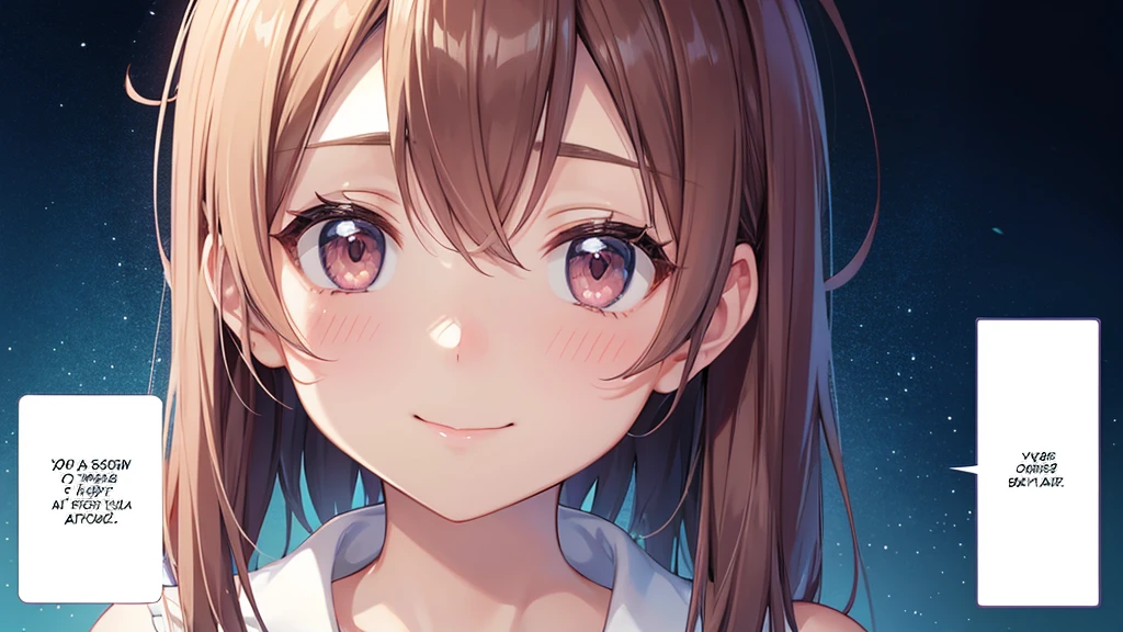 Close-up of a smartphone screen displaying Yui's AI avatar. The screen shows Yui from the shoulders up, set against a soft, gradient background that shifts from light blue to pale pink. Yui is animated, with subtle movements like blinking and slight head tilts. Her expressions change to match her dialogue, ranging from a warm smile to a thoughtful look. A speech bubble appears when she's talking, with the text clearly visible