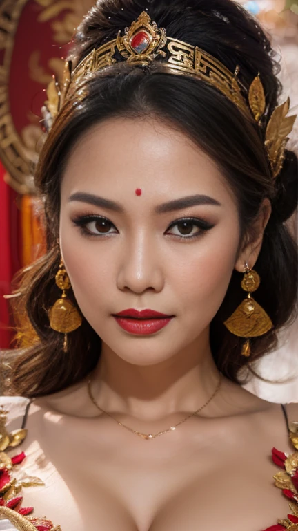 beautiful indonesian goddess, mythology, Face portrait, senior citizen, Draw lips correctly, Red lipstick, No discomfort, 16K, Highest quality, Very detailed, Realistic, Very detailed肌, (Chinese), alone, (Large Breasts, cleavage), mature Madam, Glamour, sexy, Chromo White Skin, shy face